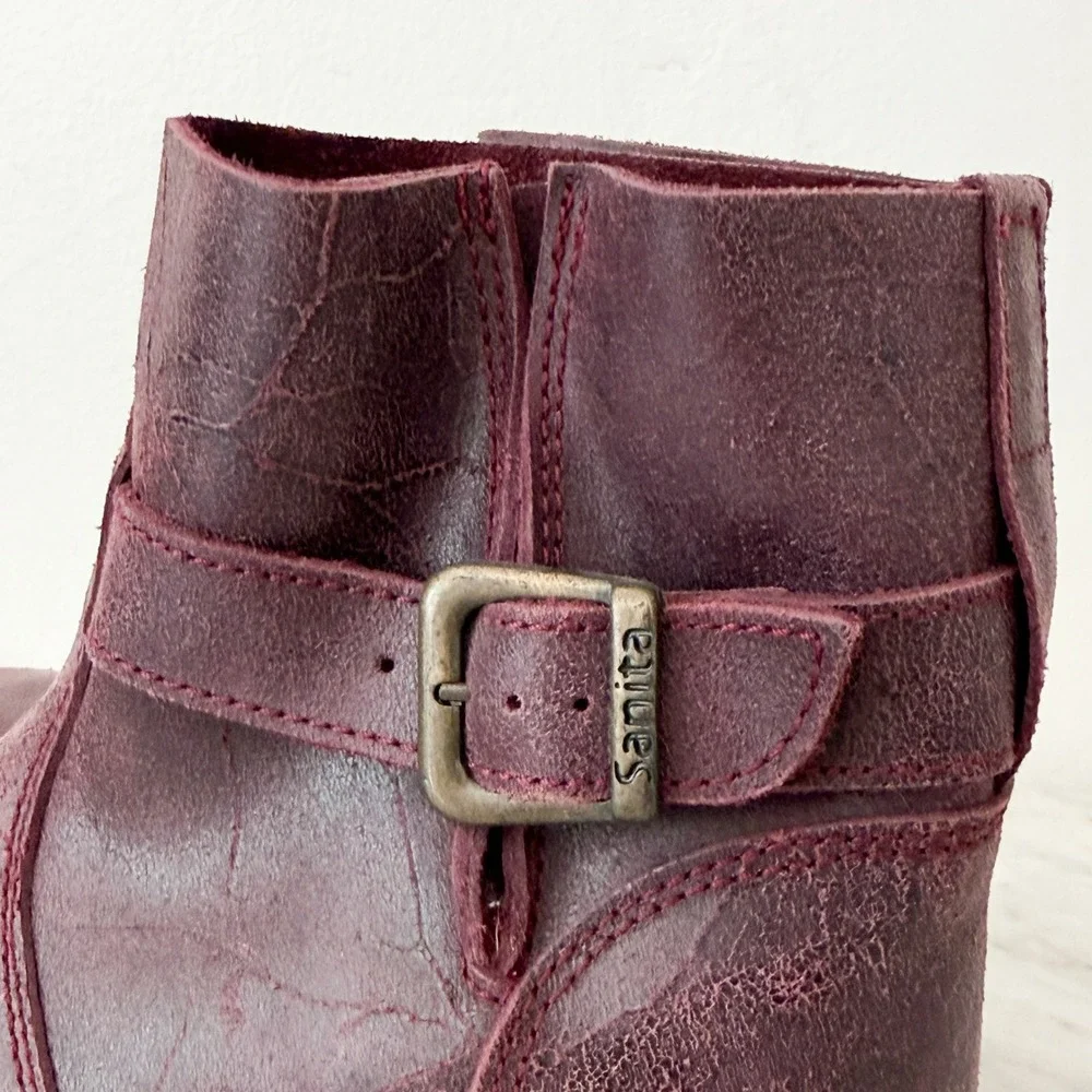 Boho Sanita Wood Clog Ankle Boots 35 Plum Distressed Leather Buckle Strap Bootie